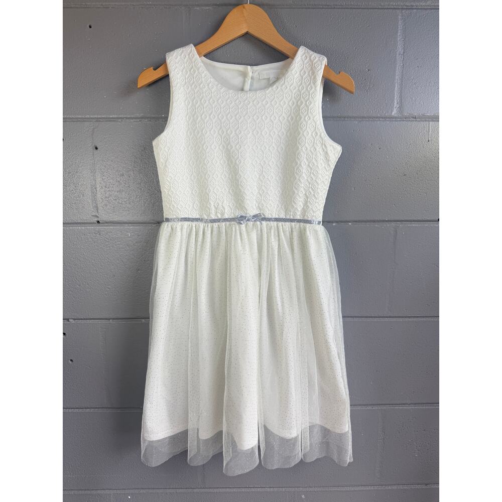 Girls Size 12 White Tulle Communion Dress - Silver Bow Accent & Glitter Skirt